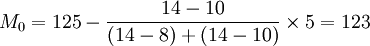 M_0=125-\frac{14-10}{(14-8)+(14-10)}\times 5=123
