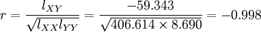 r=\frac{l_{XY}}{\sqrt{l_{XX}l_{YY}}}=\frac{-59.343}{\sqrt{406.614\times8.690}}=-0.998