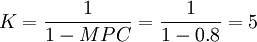 K=\frac{1}{1-MPC}=\frac{1}{1-0.8}=5