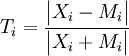T_i=\frac{\begin{vmatrix}X_i-M_i\end{vmatrix}}{\begin{vmatrix}X_i+M_i\end{vmatrix}}