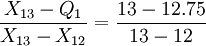 \frac{X_{13}-Q_1}{X_{13}-X_{12}}=\frac{13-12.75}{13-12}