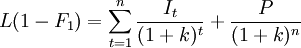 L(1-F_1)=\sum_{t=1}^n \frac{I_t}{(1+k)^t}+\frac{P}{(1+k)^n}
