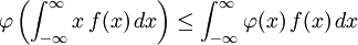 \varphi\left(\int_{-\infty}^\infty x\, f(x)\, dx\right) \le \int_{-\infty}^\infty \varphi(x)\,f(x)\, dx