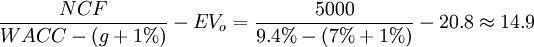 \frac{NCF}{WACC-(g+1%)}-EV_o=\frac{5000}{9.4%-(7%+1%)}-20.8\approx 14.9