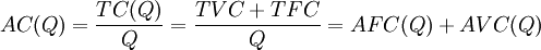 AC(Q)=\frac{TC(Q)}{Q}=\frac{TVC+TFC}{Q}=AFC(Q)+AVC(Q)