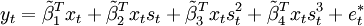 y_t=\tilde{\beta}_1^Tx_t+\tilde{\beta}_2^Tx_t s_t+\tilde{\beta}_3^Tx_ts_t^2+\tilde{\beta}_4^Tx_t s_t^3+e^*_t