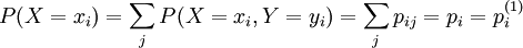 P(X=x_i)=\sum_{j} P(X=x_i,Y=y_i)=\sum_{j} p_{ij}=p_i=p_i^{(1)}