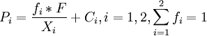 P_i = \frac{f_i * F}{X_i} + C_i , i = 1 , 2 , \sum_{i=1}^2 f_i = 1