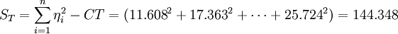 S_T=\sum^n_{i=1}\eta^2_i-CT=({11.608}^2+{17.363}^2+\cdots+{25.724}^2)=144.348