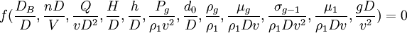 f(\frac{D_B}{D},\frac{nD}{V},\frac{Q}{vD^2},\frac{H}{D},\frac{h}{D},\frac{P_g}{\rho_1v^2},\frac{d_0}{D},\frac{\rho_g}{\rho_1},\frac{\mu_g}{\rho_1Dv},\frac{\sigma_{g-1}}{\rho_1Dv^2},\frac{\mu_1}{\rho_1Dv},\frac{gD}{v^2})=0