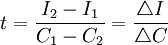 t=\frac{I_2 - I_1}{C_1 - C_2}=\frac{\triangle I}{\triangle C}