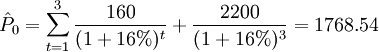 \hat{P}_0=\sum_{t=1}^3 \frac{160}{(1+16%)^t}+\frac{2200}{(1+16%)^3}=1768.54