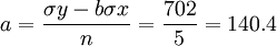 a=\frac{\sigma y-b\sigma x}{n}=\frac{702}{5}=140.4