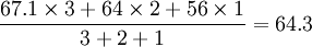 \frac{67.1\times3+64\times2+56\times1}{3+2+1}=64.3