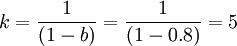 k=\frac{1}{(1-b)}=\frac{1}{(1-0.8)}=5