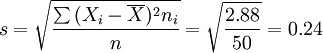 s=\sqrt{\frac{\sum{(X_i - \overline{X})^2n_i}}{n}}=\sqrt{ \frac{2.88}{50}}=0.24