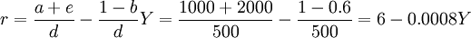 r=\frac{a+e}{d}-\frac{1-b}{d} Y=\frac{1000+2000}{500}-\frac{1-0.6}{500}=6-0.0008Y