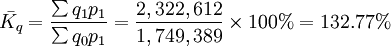 \bar{K_q}=\frac{\sum q_1p_1}{\sum q_0p_1}=\frac{2,322,612}{1,749,389}\times 100%=132.77%