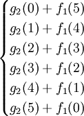 \begin{cases} g_2(0)+f_1(5) \\ g_2(1)+f_1(4) \\ g_2(2)+f_1(3) \\ g_2(3)+f_1(2) \\ g_2(4)+ f_1(1) \\ g_2(5)+f_1(0) \end{cases}