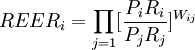 REER_i=\prod_{j=1} [\frac{P_i R_i}{P_j R_j}]^{W_{ij}}