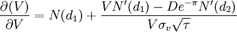 \frac{\partial(V)}{\partial V}=N(d_1)+\frac{VN^\prime(d_1)-De^{-\pi}N^\prime(d_2)}{V\sigma_v\sqrt{\tau}}