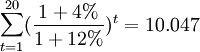 \sum_{t=1}^{20}(\frac{1+4%}{1+12%})^t=10.047