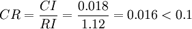 CR=\frac{CI}{RI}=\frac{0.018}{1.12}=0.016<0.1