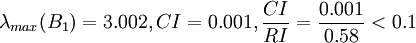 \lambda_{max}(B_1)=3.002,CI=0.001,\frac{CI}{RI}=\frac{0.001}{0.58}<0.1