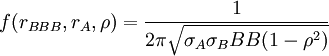 f(r_{BBB},r_A,\rho)=\frac{1}{2\pi\sqrt{\sigma_A\sigma_BBB(1-\rho^2)}}
