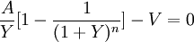 \frac{A}{Y}[1- \frac{1}{(1+Y)^n}]-V=0