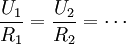 \frac{U_1}{R_1}=\frac{U_2}{R_2}=\cdots