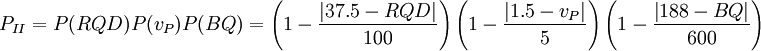 P_{II}=P(RQD)P(v_P)P(BQ)=\left(1-\frac{\left|37.5-RQD\right|}{100}\right)\left(1-\frac{\left|1.5-v_P\right|}{5}\right)\left(1-\frac{\left|188-BQ\right|}{600}\right)
