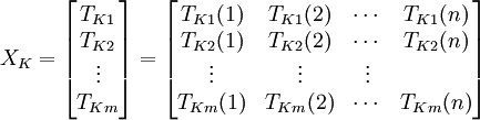 X_K=\begin{bmatrix}T_{K1}\\T_{K2}\\\vdots\\T_{Km}\end{bmatrix}=\begin{bmatrix}T_{K1}(1)&T_{K1}(2)&\cdots&T_{K1}(n)\\T_{K2}(1)&T_{K2}(2)&\cdots&T_{K2}(n)\\\vdots&\vdots&\vdots\\T_{Km}(1)&T_{Km}(2)&\cdots&T_{Km}(n)\end{bmatrix}