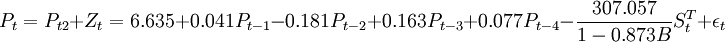 P_t=P_{t2}+Z_t=6.635+0.041P_{t-1}-0.181P_{t-2}+0.163P_{t-3}+0.077P_{t-4}-\frac{307.057}{1-0.873B}S^T_t+\epsilon_t