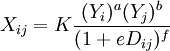 X_{ij}=K \frac{(Y_i)^a (Y_j)^b}{(1+eD_{ij})^f}
