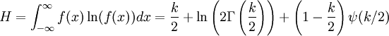 H = \int_{-\infty}^\infty f(x)\ln(f(x)) dx = \frac{k}{2} + \ln \left( 2 \Gamma \left( \frac{k}{2} \right) \right) + \left(1 - \frac{k}{2}\right) \psi(k/2)