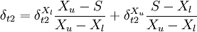 \delta_{t2}=\delta_{t2}^{X_l}\frac{X_u-S}{X_u-X_l}+\delta_{t2}^{X_u}\frac{S-X_l}{X_u-X_l}