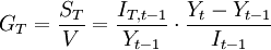 G_T=\frac{S_T}{V}=\frac{I_{T,t-1}}{Y_{t-1}}\cdot\frac{Y_t-Y_{t-1}}{I_{t-1}}