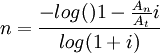 n=\frac{-log()1-\frac{A_n}{A_t}i}{log(1+i)}