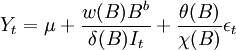 Y_t=\mu+\frac{w(B)B^b}{\delta(B)I_t}+\frac{\theta(B)}{\chi(B)}\epsilon_t