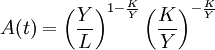 A(t)=\left(\frac{Y}{L}\right)^{1-\frac{K}{Y}}\left(\frac{K}{Y}\right)^{-\frac{K}{Y}}