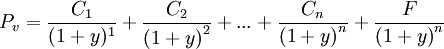 P_v=\frac{C_1}{(1+y)^1}+\frac{C_2}{{(1+y)}^2}+...+\frac{C_n}{{(1+y)}^n}+\frac{F}{{(1+y)}^n}