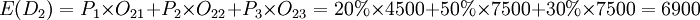 E(D_2)=P_1\times O_{21}+P_2\times O_{22}+P_3\times O_{23}=20%\times4500+50%\times7500+30%\times7500=6900