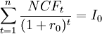 \sum^{n}_{t=1}\frac{NCF_t}{(1+r_0)^t}=I_0