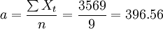 a=\frac{\sum X_t}{n}=\frac{3569}{9}=396.56