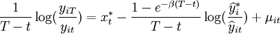\frac{1}{T-t} \log(\frac{y_{iT}}{y_{it}}) = x^*_t - \frac{1 - e^{-\beta(T-t)}}{T-t} \log(\frac{\widehat{y}_i^* }{\widehat{y}_{it}}) + \mu_{it}
