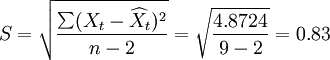 S=\sqrt{\frac{\sum(X_t-\widehat{X}_t)^2}{n-2}}=\sqrt{\frac{4.8724}{9-2}}=0.83