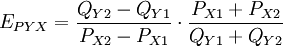E_{PYX}=\frac{Q_{Y2}-Q_{Y1}}{P_{X2}-P_{X1}}\cdot \frac{P_{X1}+P_{X2}}{Q_{Y1}+Q_{Y2}}