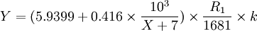 Y=(5.9399+0.416\times\frac{10^3}{X+7})\times\frac{R_1}{1681}\times k
