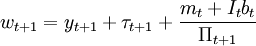 w_{t+1}=y_{t+1}+\tau_{t+1}+\frac{m_t+I_tb_t}{\Pi_{t+1}}